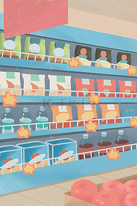 餐厅打折展架插画图片_超市商品零食购物苹果促销打折场景