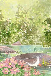 鸡吃石头插画图片_绿色小清新唯美河流花朵植物石头水彩景色