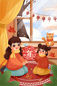 剪纸窗花猴插画图片_除夕春节新年贴窗花场景