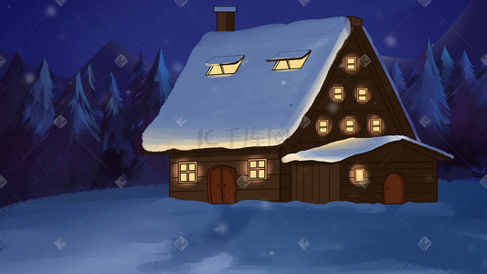 夜晚灯光夜晚灯光插画图片_下雪的小木屋夜晚景色
