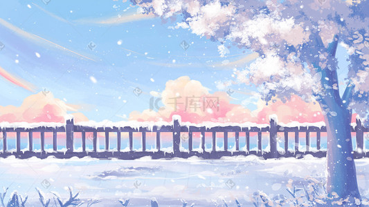 冬天旅馆海报插画图片_唯美治愈冬天下雪了大雪冬季雪景插画