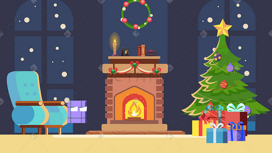 圣诞圣诞节插画图片_圣诞圣诞节圣诞树暖炉礼物沙发装饰夜晚下雪景色