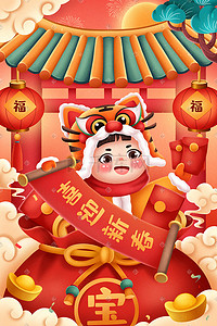 灯笼满屏插画图片_春节新年虎头帽灯笼元宝金币喜庆新年