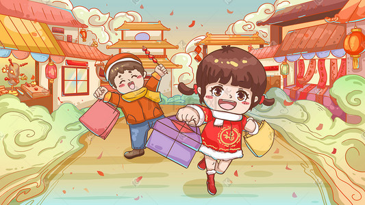 古城插画图片_中国传统节日过年女孩男孩逛街市集买年货