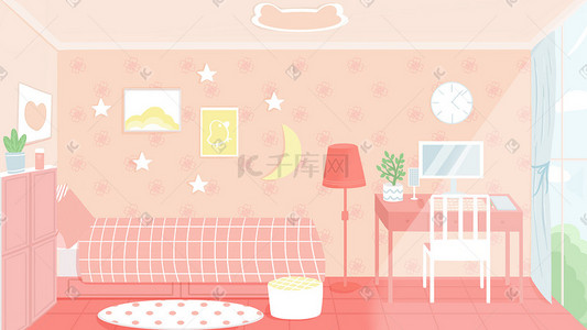 粉色插画图片_扁平居家少女风粉色浪漫卧室房间扁平