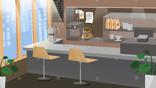 咖啡机场景插画图片_咖啡厅主题扁平风格室内场景