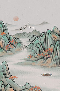 国画荔枝插画图片_中国风国画山水风景彩色水墨画