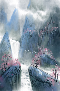 青山隐含插画图片_水墨古风唯美山水青山河流中国风景色