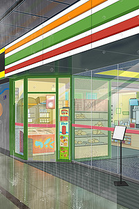线条童车插画图片_手绘描边雨景便利店超市插画
