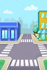 城市街道插画图片_扁平现代城市街道建筑