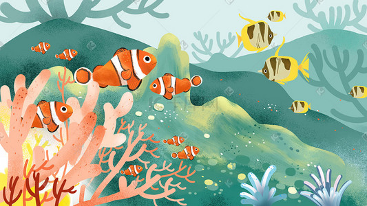 动物插画图片_海底世界海洋馆动物风景扁平插画