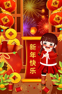 大吉大利剪纸插画图片_新年快乐福娃拜年虎年春节大吉大利