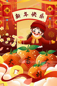 新春大吉大利插画图片_新年快乐大吉大利女孩开心过新年