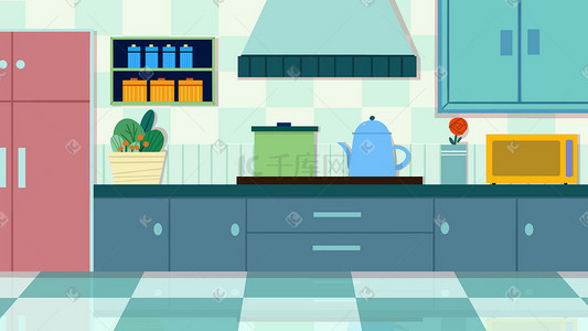 厨房水龙头插画图片_淡绿色扁平场景厨房场景