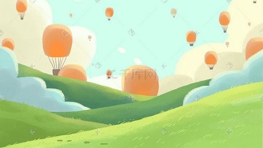 圆弧热气球插画图片_草地春天春季唯美矢量扁平热气球素材背景