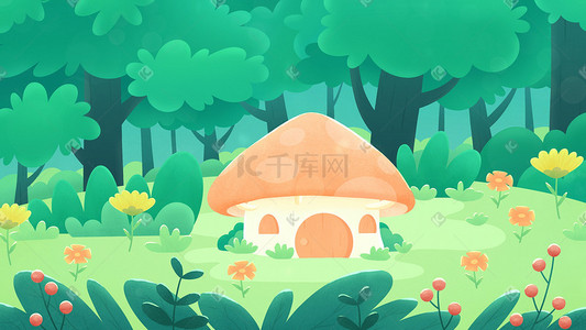 绿色插画图片_可爱唯美治愈绿色春天森林蘑菇小屋植物风景