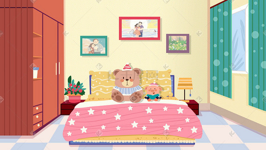 熊插画图片_扁平场景卧室柜子床铺场景