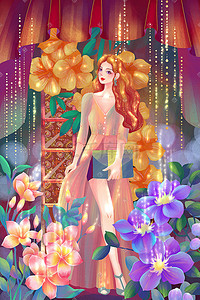 女神节小报插画图片_38妇女节女神节花丛中的女神手绘插画