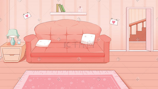 冷猫的可爱插画图片_手绘卡通可爱粉色客厅
