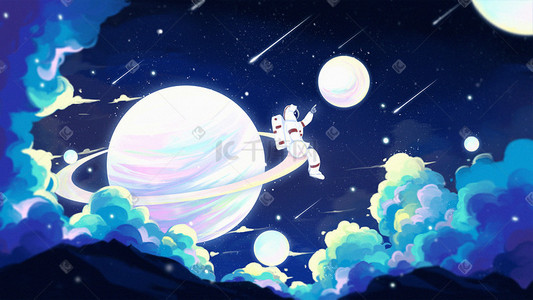 宇宙星际插画图片_唯美治愈宇航员在太空宇宙星球探索插画