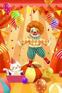 气球天猫logo插画图片_马戏团愚人节小丑猫咪气球表演