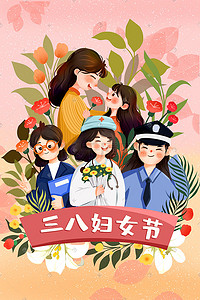 警察来了插画图片_三八妇女节职业女性手绘插画海报