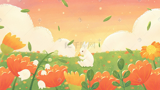 黑白小兔子插画图片_春天唯美治愈春季草地花海兔子春景