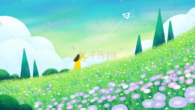 春天草地女孩放风筝唯美治愈清新花海春景