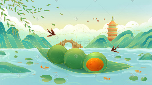 踏青海报插画图片_国潮风中国风清明节清明青团子插画海报背景