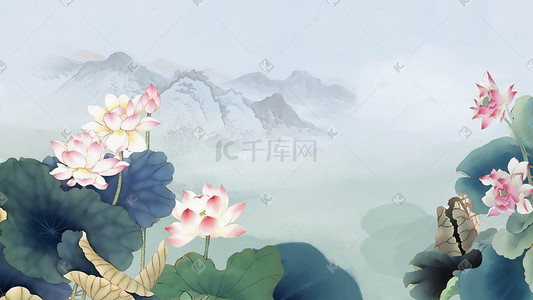 工笔荷花插画图片_中国风水墨风夏季池塘里盛开的荷花