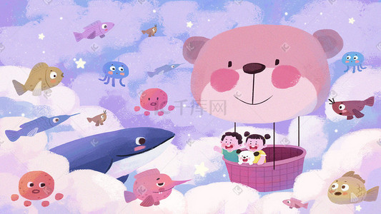 鱼群插画图片_儿童节儿童热气球旅行天空鱼群鲸鱼治愈系