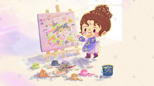 颜料喷洒插画图片_儿童节假期女孩儿童室内画画