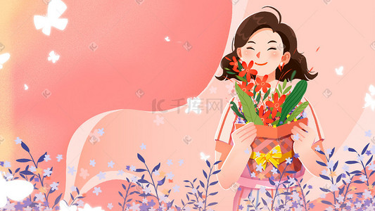 纸盒插画图片_母亲节捧着鲜花礼物的妇女