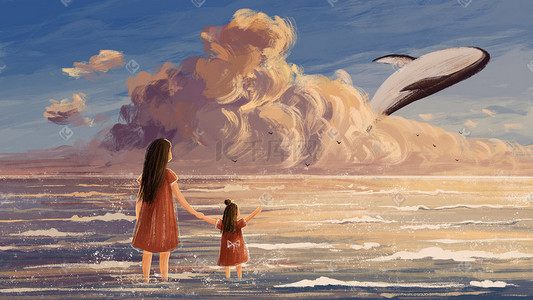 鲸插画图片_母亲节夕阳母女背影温馨治愈风景海鲸鱼天空