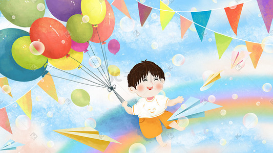 儿童男孩插画图片_六一儿童节男孩彩虹上拿气球开心玩耍