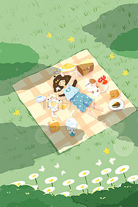 动物团队插画图片_夏天草地野餐猫动物蛋糕花阳光蝴蝶女孩