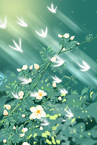 花卉绿植盆栽插画图片_立夏夏天绿色绿植治愈唯美花朵插画