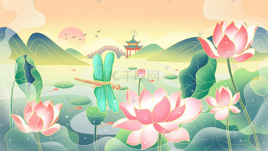 开盘倒计时海报插画图片_国潮风夏天夏季山水荷花插画海报背景