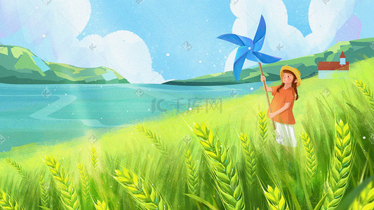 挂在树上的风筝插画图片_小满二十四节气夏天麦田放风筝的小女孩