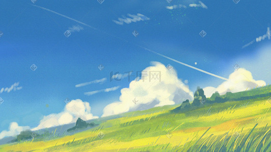 火热夏日插画图片_夏天草地蓝天白云唯美风景夏日阳光插画