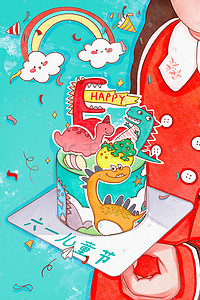 国际六一儿童节手绘女孩手捧蛋糕水彩插画