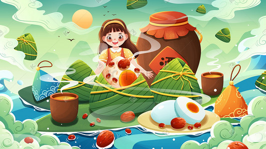 美味白切插画图片_绿色五月初五传统节日端午节美味粽子