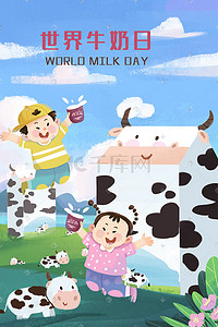 益益牛奶插画图片_世界牛奶日之牛奶女孩草原场景