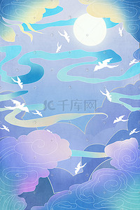 唯美浪漫紫色天空白云喜鹊素材背景图