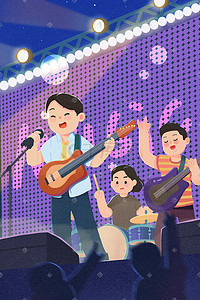 音乐节唱歌插画图片_手绘卡通夏季音乐节乐队演出插画