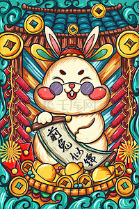 兔年正月十三吉祥插画图片_兔年国潮前途似锦手绘插画