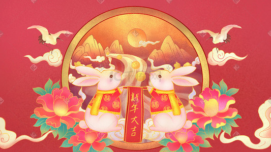 国潮风兔年福兔新年大吉迎春插画海报背景