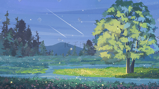 唯美风景治愈系插画图片_夏天夏季夜晚唯美治愈系风景