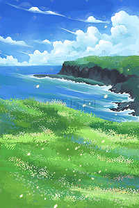 绿色厚涂唯美治愈系夏天夏季海边风景插画