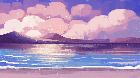 唯美紫色背景插画图片_浪漫唯美紫色海边海浪背景素材图
